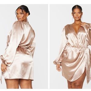 Plus Mocha Satin Wrap Drape Dress